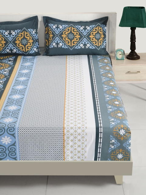

SWAYAM Grey & White Ethnic Motifs Flat 144 TC Cotton 1 King Bedsheet with 2 Pillow Covers