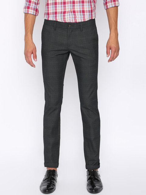 

Basics Men Green & Grey Skinny Fit Checked Regular Trousers