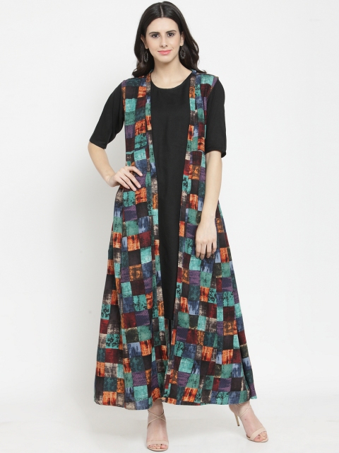 

Indibelle Women Black & Burgundy Printed Kurti with Trousers