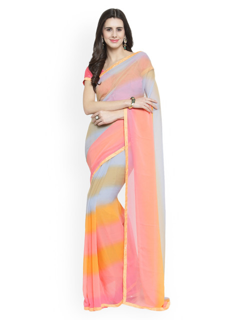 

Shaily Peach-Coloured & Pink Pure Georgette Striped Saree