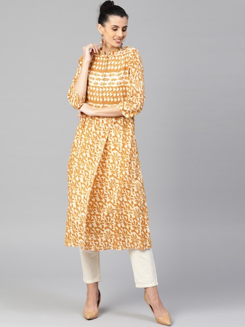

Jaipur Kurti Women Off-White & Mustard Yellow Printed Straight Kurta