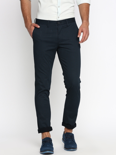 

Basics Men Navy Blue Skinny Fit Checked Regular Trousers