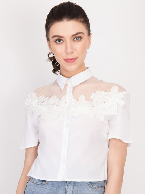 

LA LOFT Women White Solid Semi Sheer Shirt Style Top