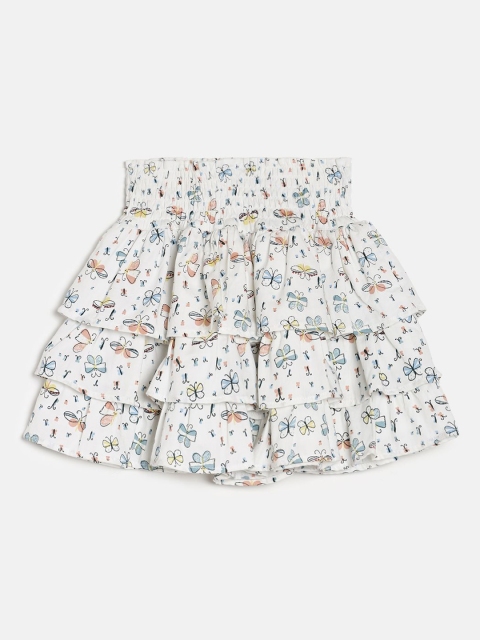 

MINI KLUB Girls White Printed Tiered Pure Cotton Skirt