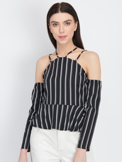 

LA LOFT Women Black Striped Peplum Top
