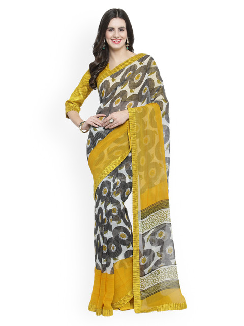 

Shaily Black & Yellow Pure Georgette Printed Saree