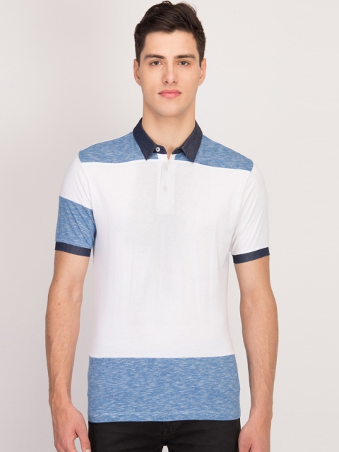 

LA LOFT Men White & Blue Colourblocked Polo Collar T-shirt