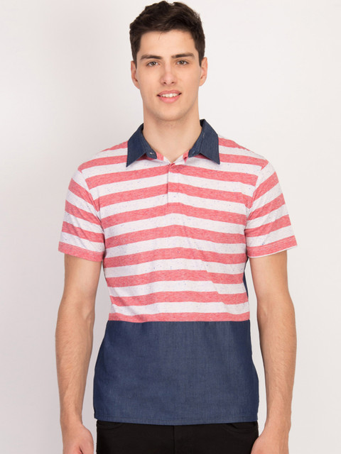 

LA LOFT Men Coral Pink & Navy Blue Striped Polo Collar T-shirt