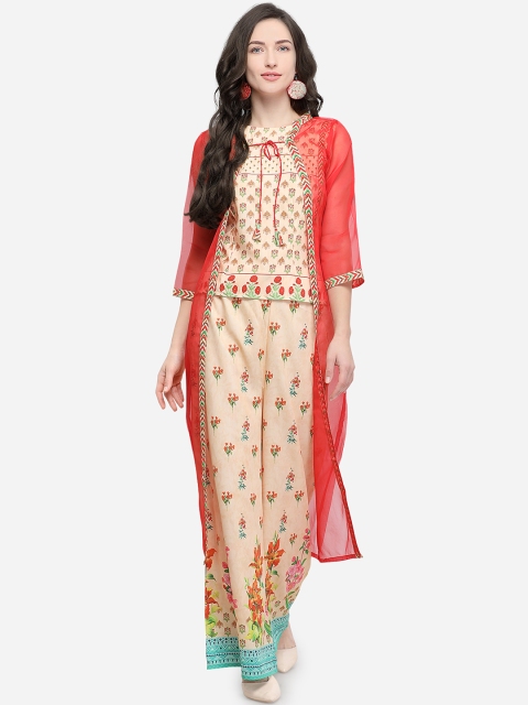 

Stylee LIFESTYLE Women Beige & Maroon Printed Kurti with Palazzos