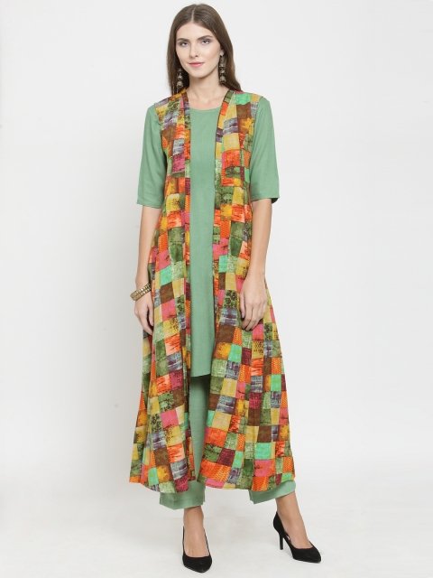 

Indibelle Women Green & Yellow Printed Kurti with Trousers