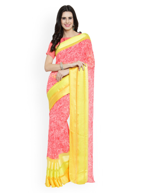 

Shaily Women Pink & Yellow Satin Printed Saree
