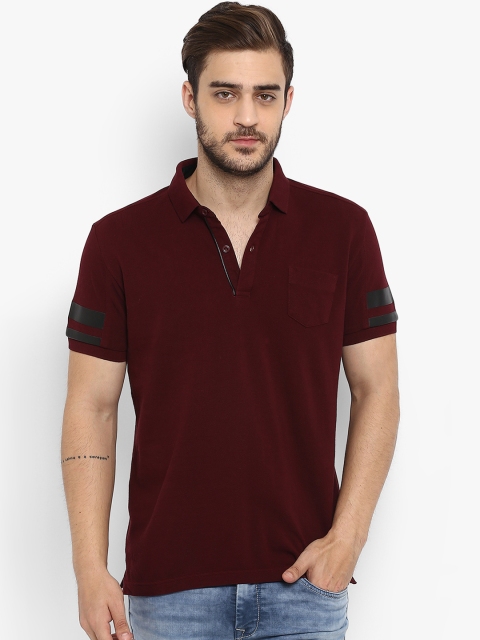 

Mufti Men Maroon Striped Polo Collar T-shirt