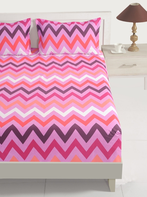 

SWAYAM Pink & Purple Geometric Flat 144 TC Cotton 1 King Bedsheet with 2 Pillow Covers