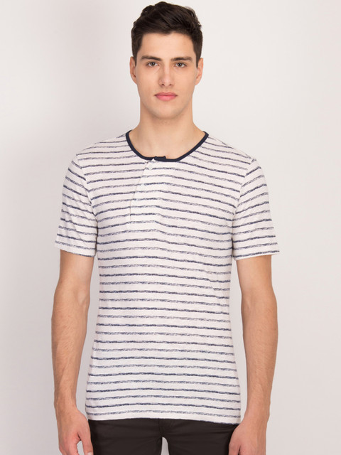 

LA LOFT Men White Striped Henley Neck T-shirt