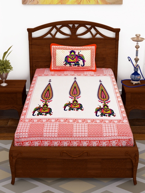 

Story@home Orange & White Ethnic Motifs Fitted and Flat 120 TC Cotton 1 Single Bedsheet with 1 Pillow Covers