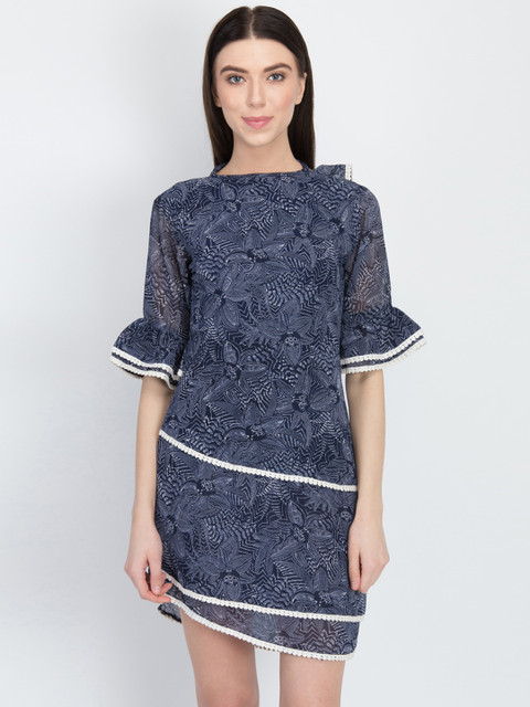 

LA LOFT Women Navy Blue Printed Styled Back Dress