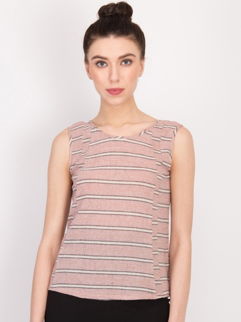

LA LOFT Women Pink & Off-White Striped Styled Back Top