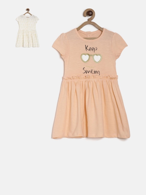 MINI KLUB Girls Pack of 2 Solid Fit and Flare Dress, Peach