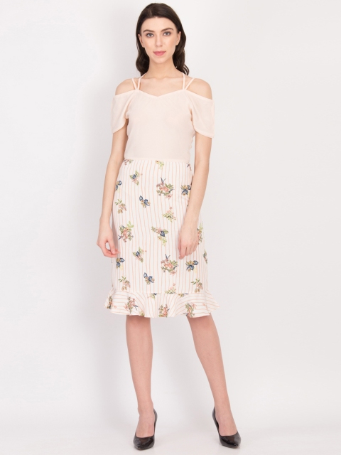 

LA LOFT Women Beige Printed Fit and Flare Dress