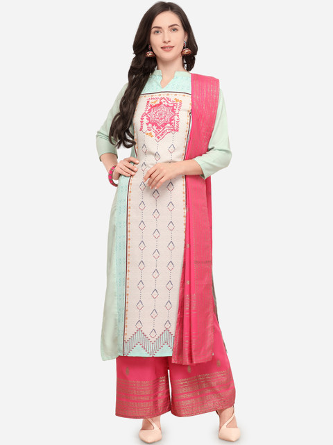 

Stylee LIFESTYLE Women Green & Pink Printed Kurta with Palazzos & Dupatta