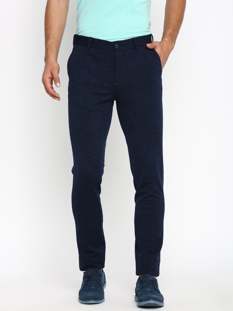 

Basics Men Navy Blue Tapered Fit Self Design Regular Trousers
