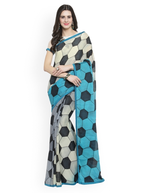 

Shaily Turquoise Blue & Black Pure Georgette Printed Saree