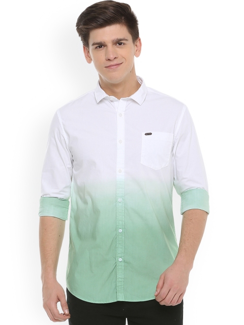 

People Men White & Green Regular Fit Solid Casual Shirt