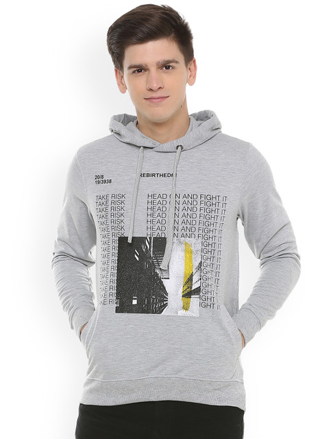 

People Men Grey Printed Hooded Sweatshirt