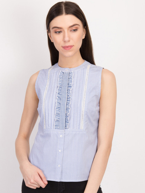 

LA LOFT Women Blue & White Regular Fit Striped Casual Shirt