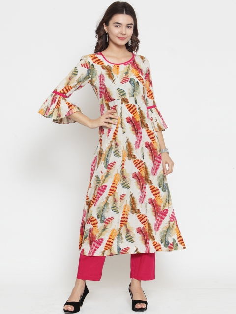 

Indibelle Women Cream-Coloured & Pink Printed Kurta with Trousers