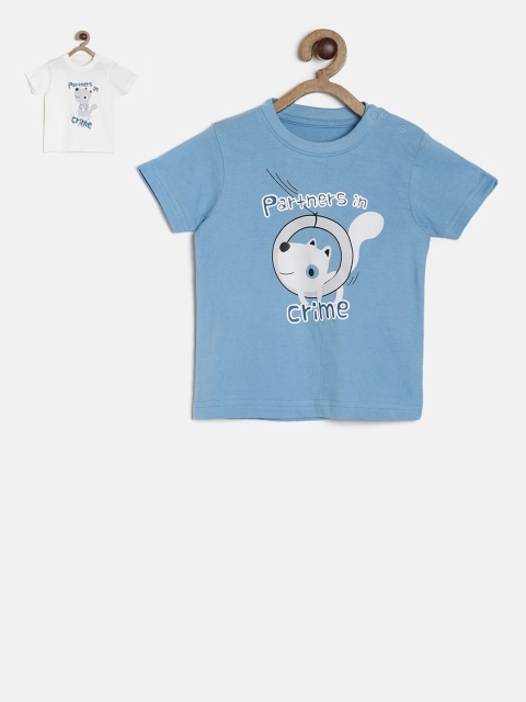 

MINI KLUB Boys Pack of 2 Printed Round Neck Pure Cotton T-shirt, Blue