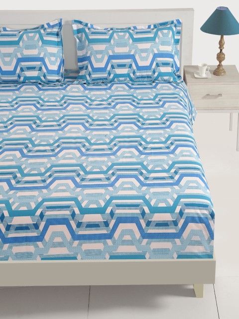 

SWAYAM Blue & White Geometric Flat 144 TC Cotton 1 Queen Bedsheet with 2 Pillow Covers