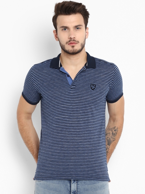 

Mufti Men Blue Striped Polo Collar T-shirt