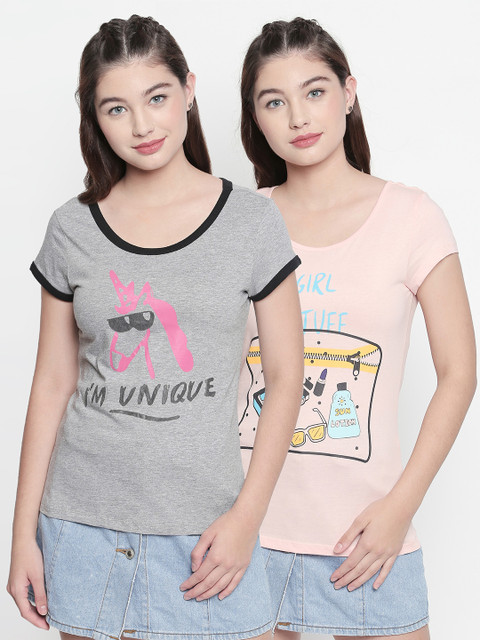 

Honey by Pantaloons Women Pack Of 2 Printed Scoop Neck T-shirts, Pink
