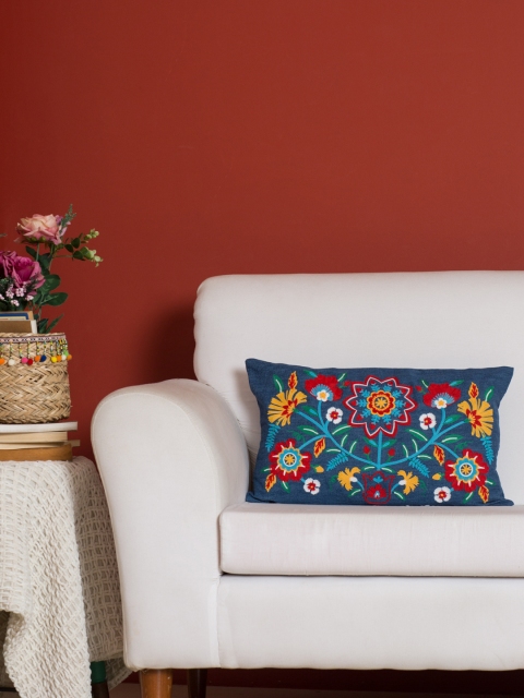 

Chumbak Navy Blue Lordly Lilies Denim Floral Rectangle Cushion Cover