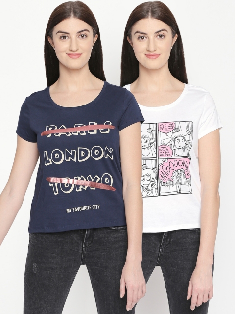 

Honey by Pantaloons Women Pack Of 2 Printed Scoop Neck T-shirts, Navy blue