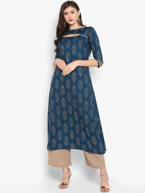 

Janasya Women Teal & Beige Solid Kurta with Trousers
