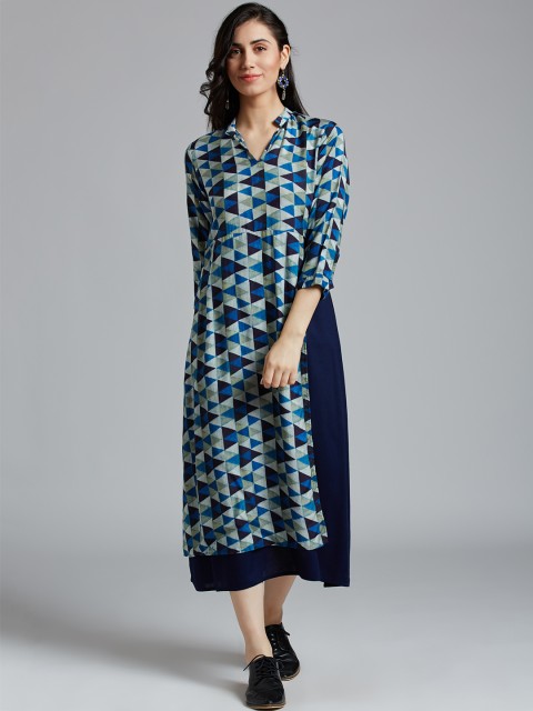

Jaipur Kurti Women Navy Blue Printed A-Line Dress
