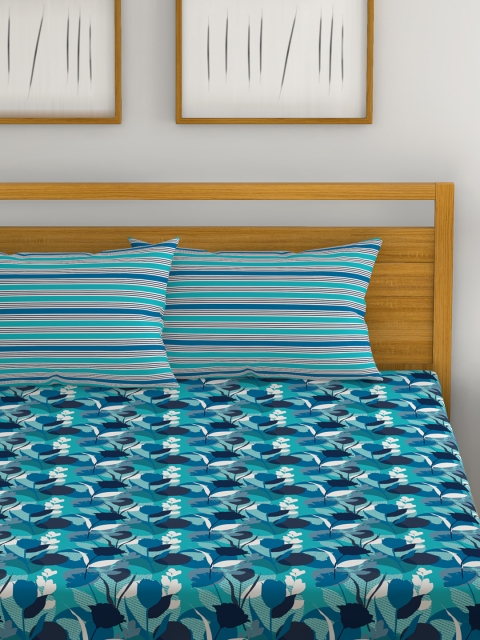 

Trident Blue Abstract Flat 120 TC Cotton 1 Queen Bedsheet with 2 Pillow Covers