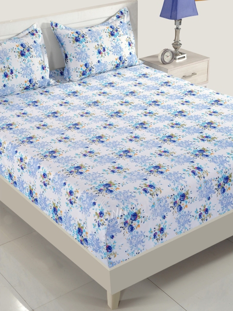 

SWAYAM White & Blue Floral Flat 144 TC Cotton 1 Extra Large Bedsheet with 2 Pillow Covers