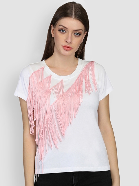 

LA LOFT Women White Solid Round Neck Embellished T-shirt
