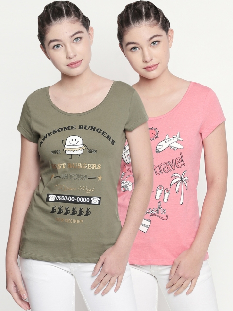 

Honey by Pantaloons Women Pack Of 2 Printed Scoop Neck T-shirts, Pink