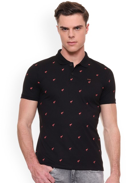 

People Men Black Printed Polo Collar T-shirt