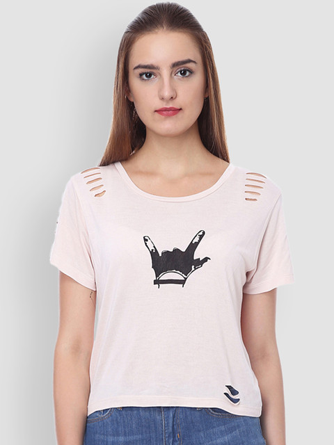 

LA LOFT Women Pink Printed Round Neck T-shirt