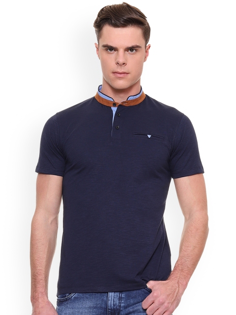 

People Men Navy Blue Solid Mandarin Collar T-shirt