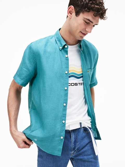 

Lacoste Men Turquoise Blue Regular Fit Solid Casual Shirt