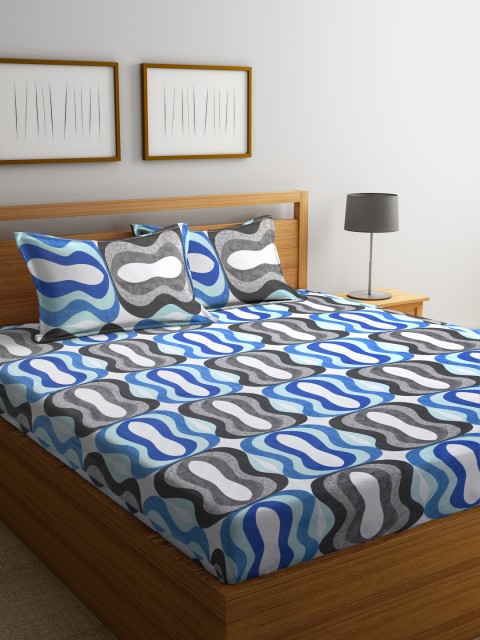 

RANGRAGE Blue & White Abstract Flat 180 TC Cotton Bedsheet with 2 Pillow Covers