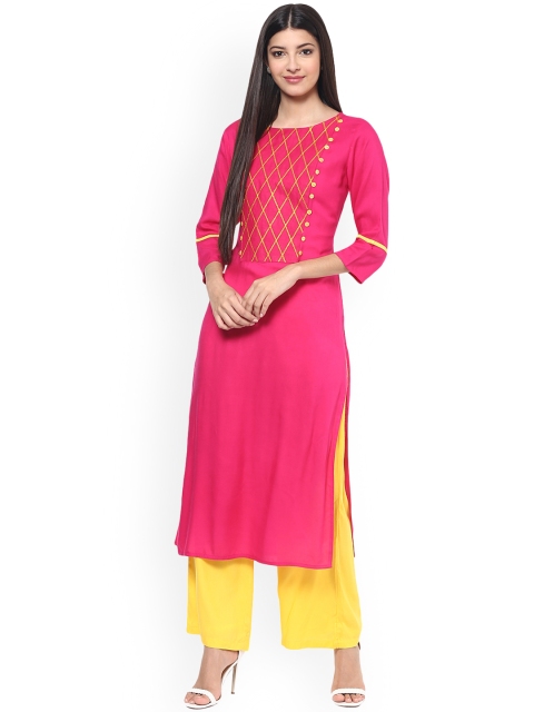 

Jaipur Kurti Women Pink Yoke Design Straight Kurta