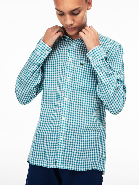 

Lacoste Men Blue & White Regular Fit Linen Checked Casual Shirt