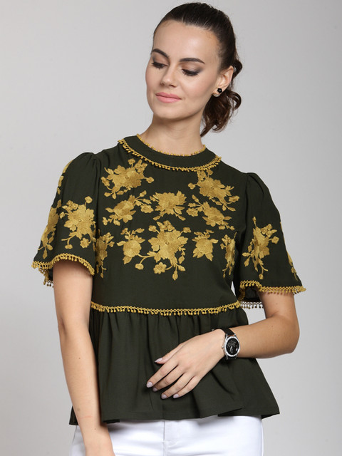 

plusS Women Green Self Design A-Line Top